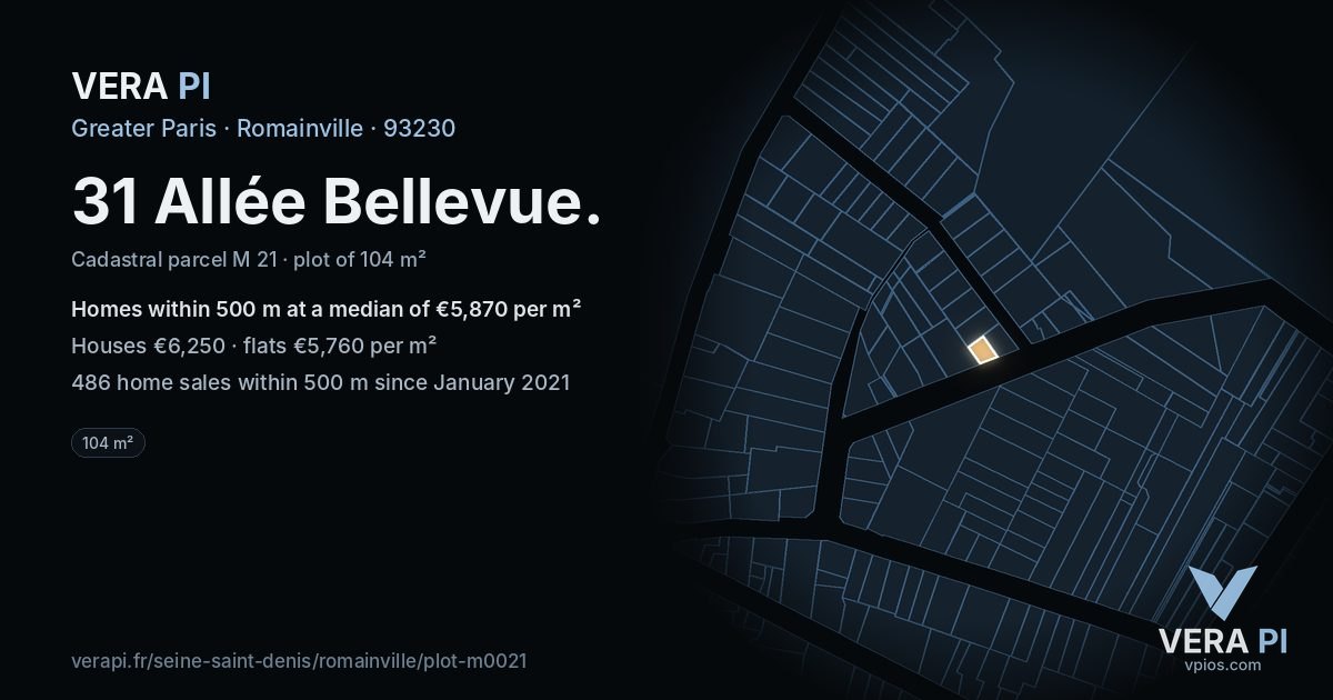 31 Allée Bellevue, Romainville at night – the plot lit, the parcels around coloured by the prices near them