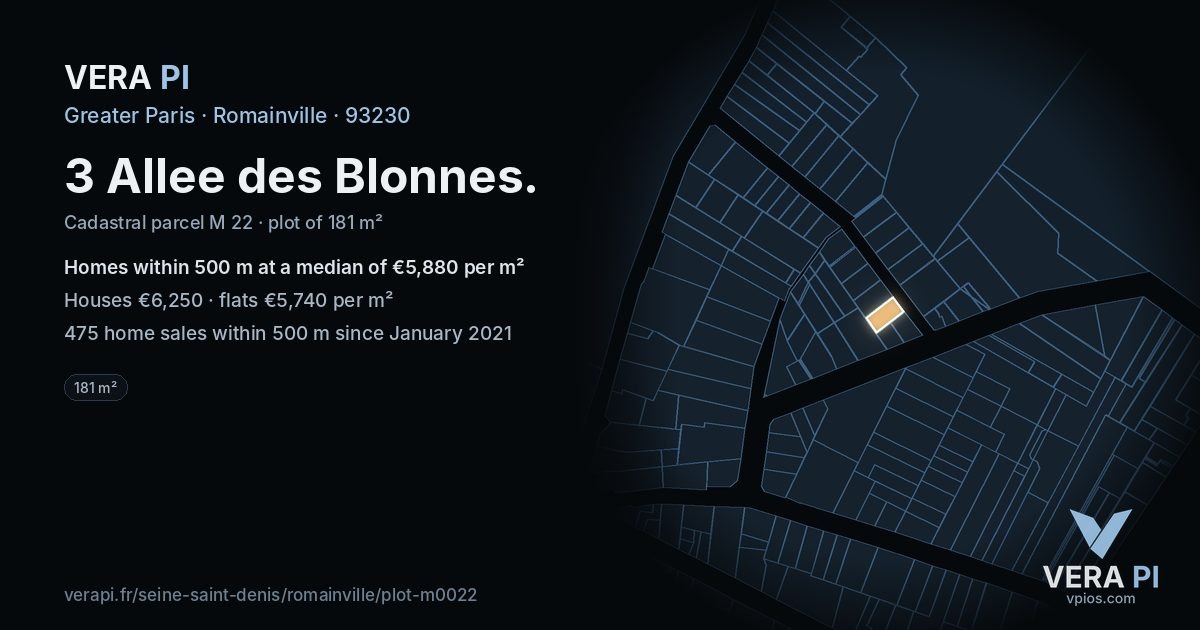3 Allee des Blonnes, Romainville at night – the plot lit, the parcels around coloured by the prices near them