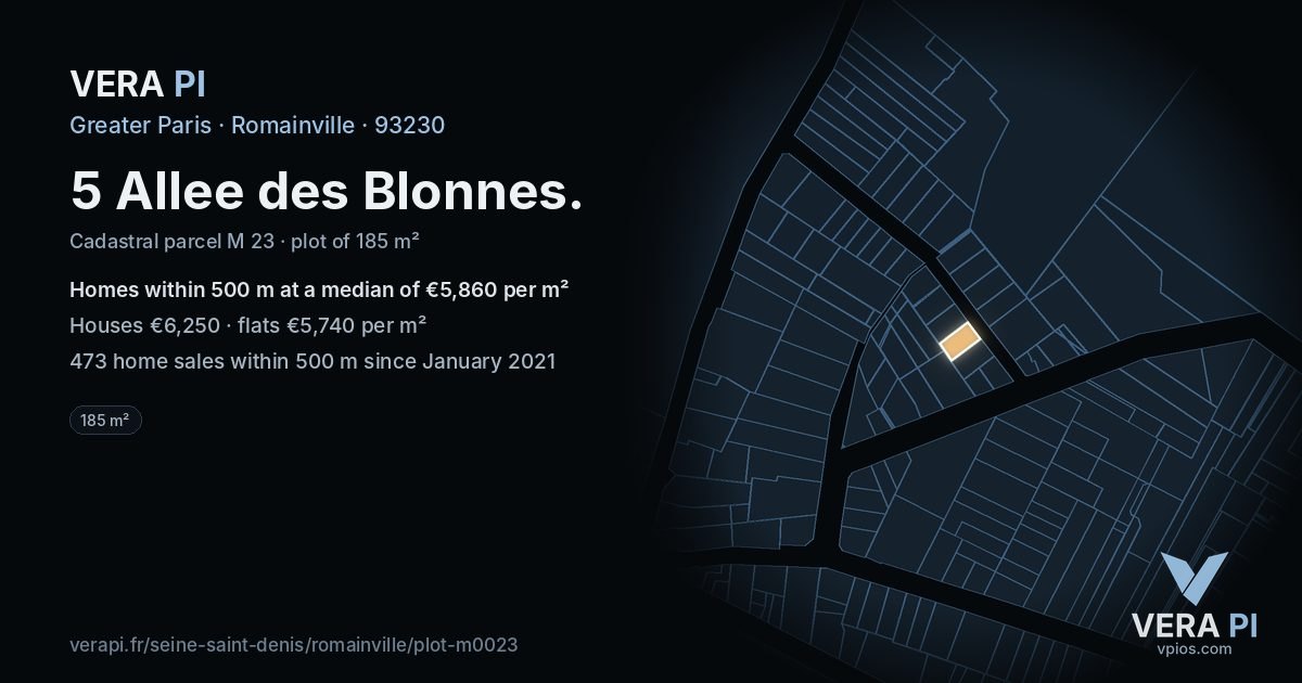 5 Allee des Blonnes, Romainville at night – the plot lit, the parcels around coloured by the prices near them
