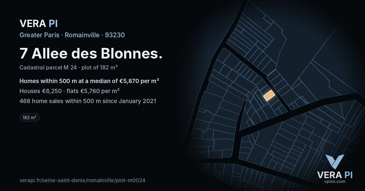 7 Allee des Blonnes, Romainville at night – the plot lit, the parcels around coloured by the prices near them