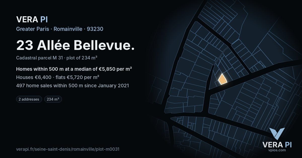 23 Allée Bellevue, Romainville at night – the plot lit, the parcels around coloured by the prices near them