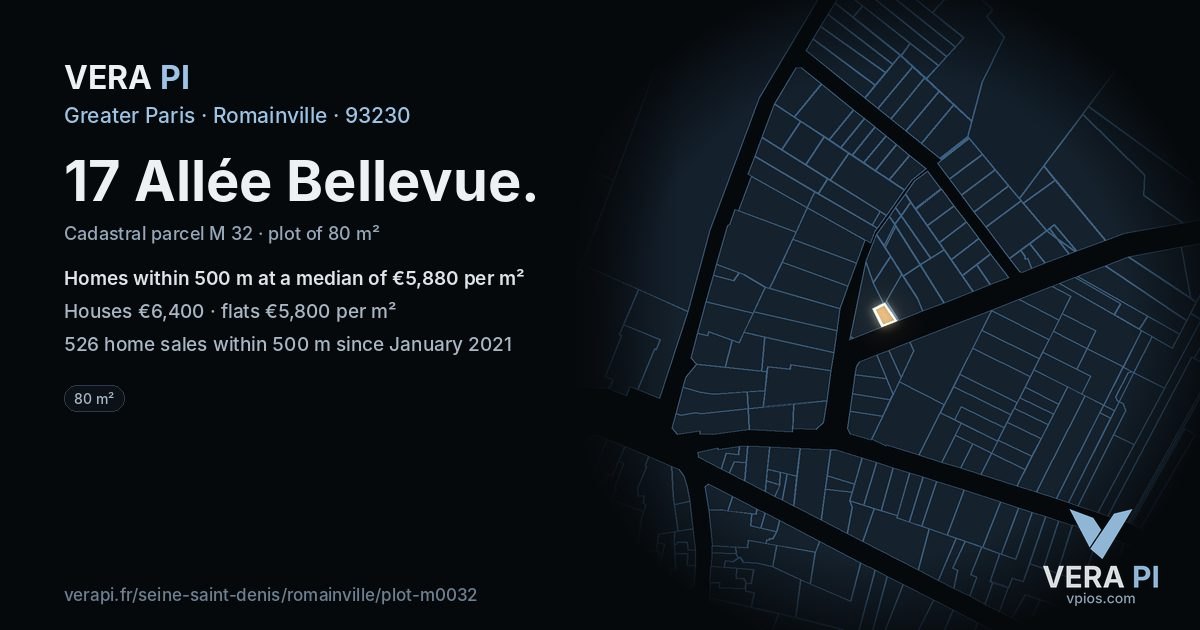 17 Allée Bellevue, Romainville at night – the plot lit, the parcels around coloured by the prices near them