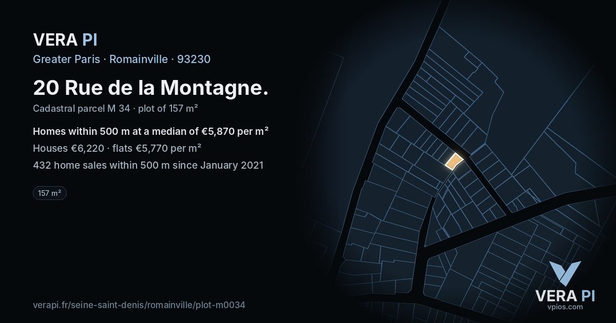 20 Rue de la Montagne, Romainville at night – the plot lit, the parcels around coloured by the prices near them