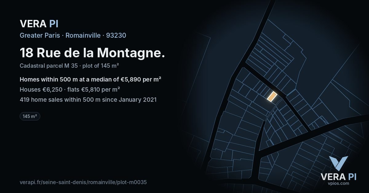 18 Rue de la Montagne, Romainville at night – the plot lit, the parcels around coloured by the prices near them