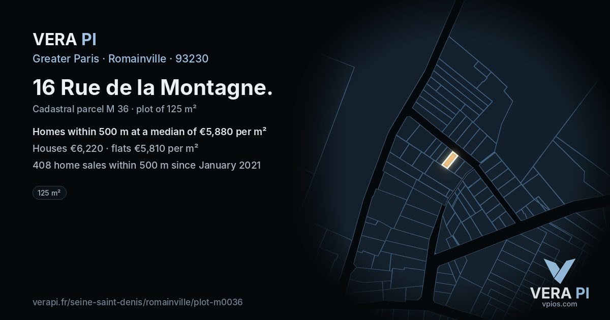 16 Rue de la Montagne, Romainville at night – the plot lit, the parcels around coloured by the prices near them