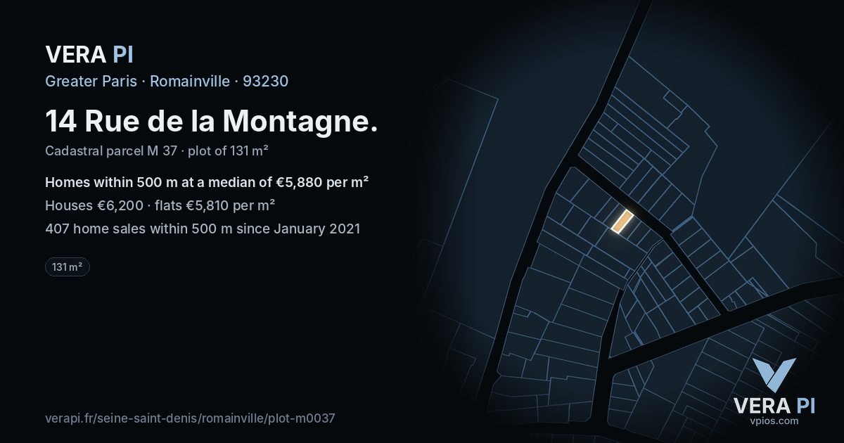 14 Rue de la Montagne, Romainville at night – the plot lit, the parcels around coloured by the prices near them