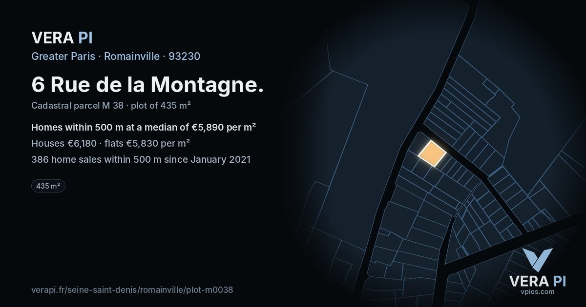 6 Rue de la Montagne, Romainville at night – the plot lit, the parcels around coloured by the prices near them
