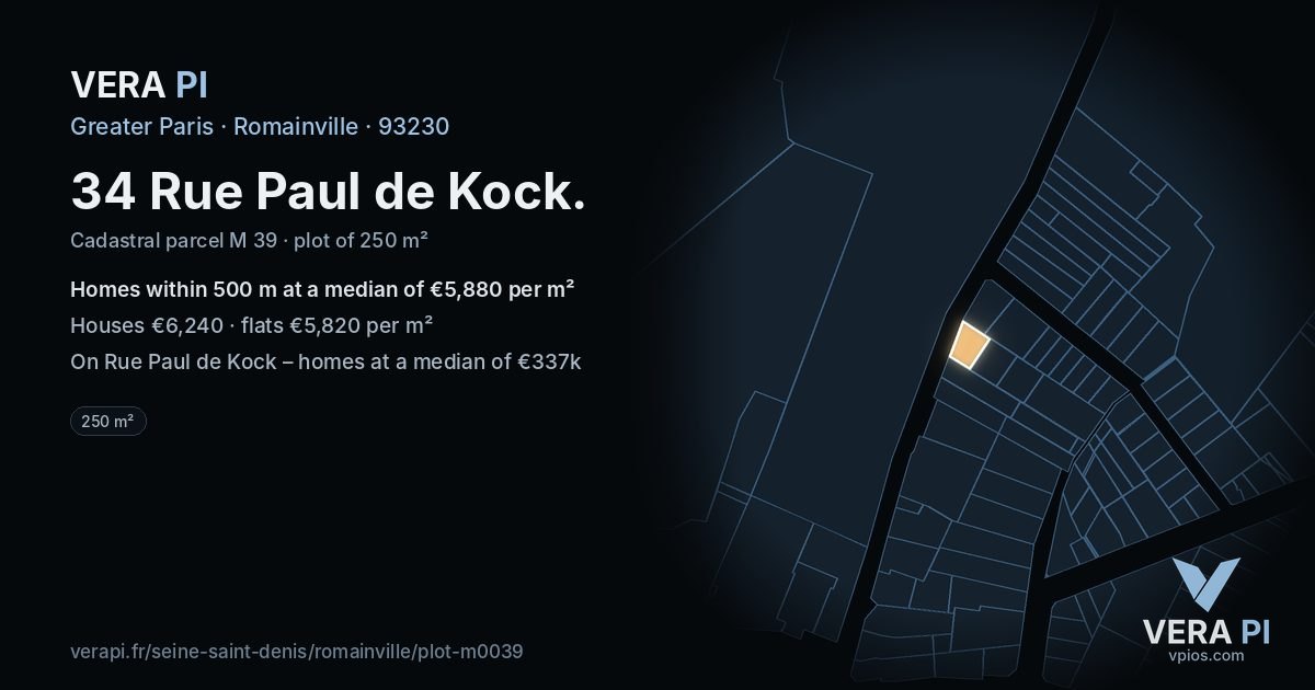34 Rue Paul de Kock, Romainville at night – the plot lit, the parcels around coloured by the prices near them