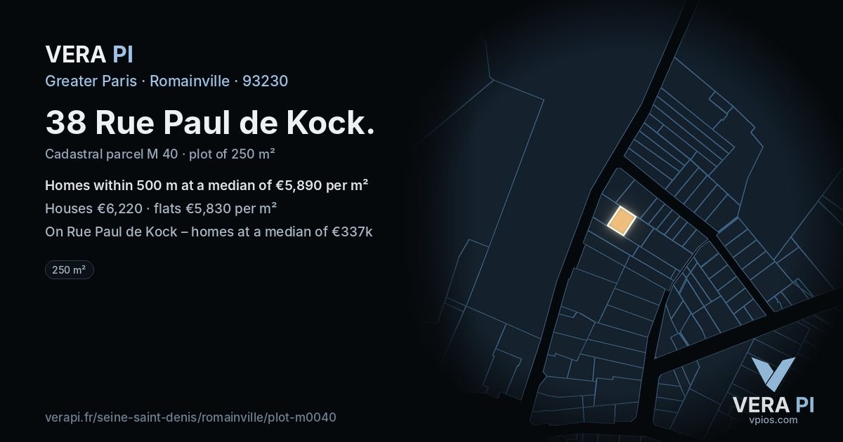 38 Rue Paul de Kock, Romainville at night – the plot lit, the parcels around coloured by the prices near them