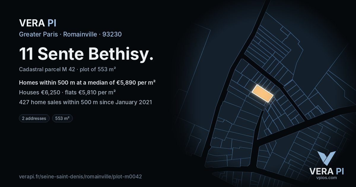 11 Sente Bethisy, Romainville at night – the plot lit, the parcels around coloured by the prices near them