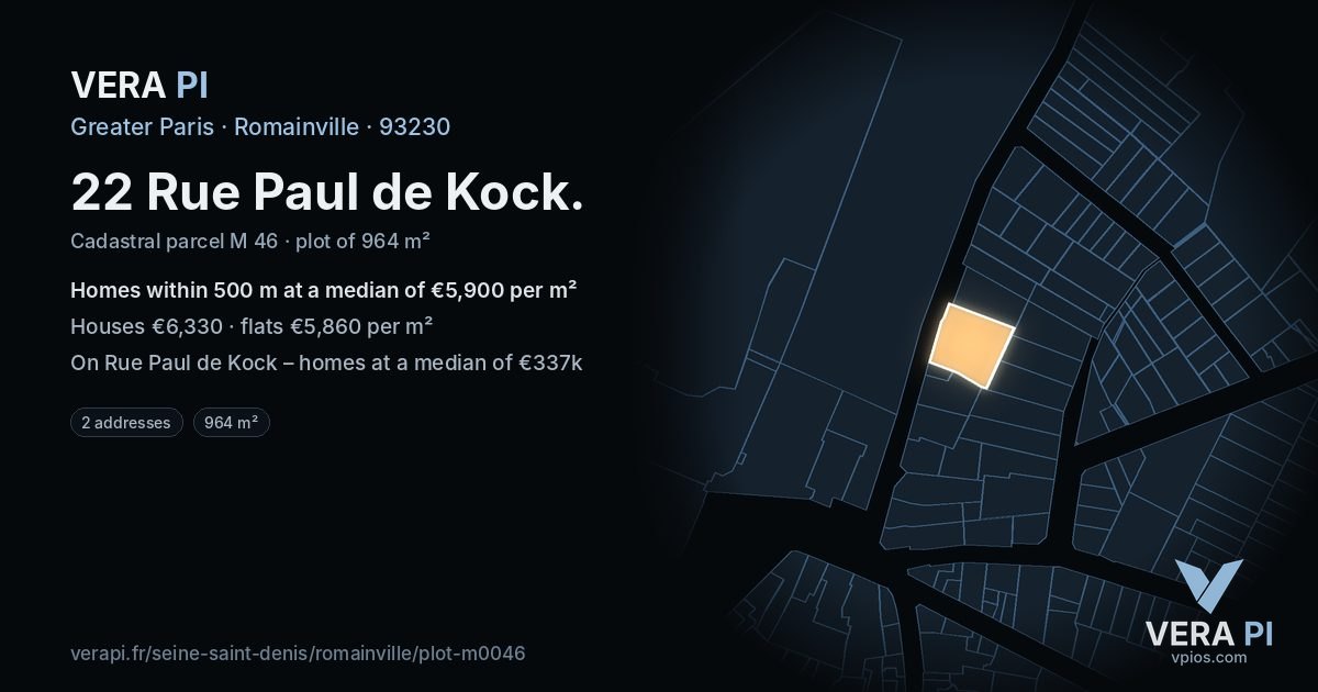 22 Rue Paul de Kock, Romainville at night – the plot lit, the parcels around coloured by the prices near them