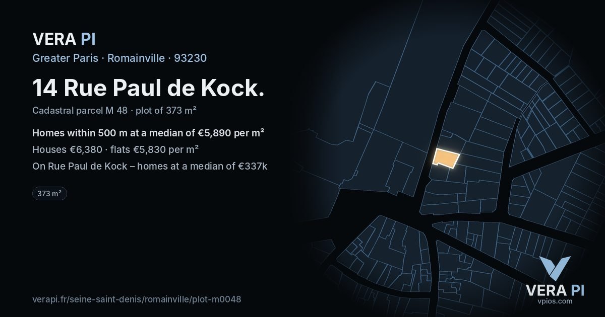 14 Rue Paul de Kock, Romainville at night – the plot lit, the parcels around coloured by the prices near them