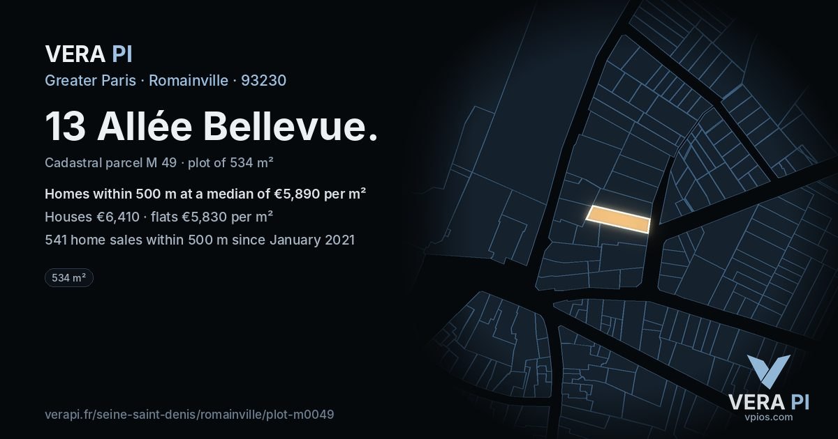 13 Allée Bellevue, Romainville at night – the plot lit, the parcels around coloured by the prices near them