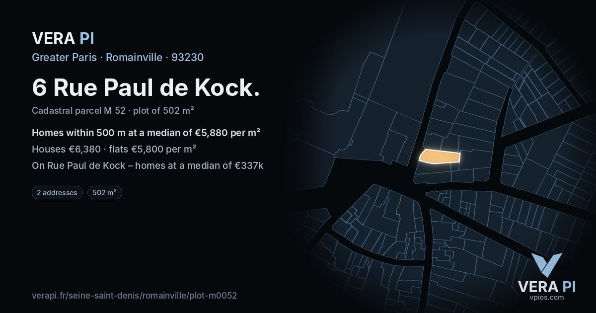 6 Rue Paul de Kock, Romainville at night – the plot lit, the parcels around coloured by the prices near them