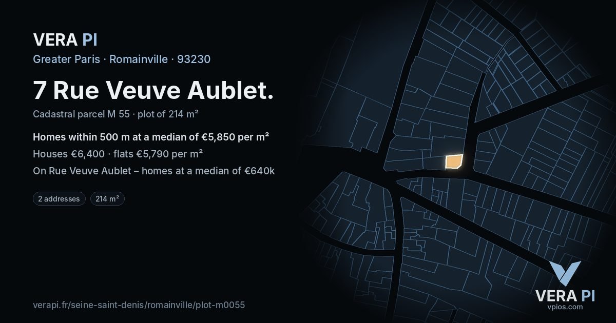 7 Rue Veuve Aublet, Romainville at night – the plot lit, the parcels around coloured by the prices near them