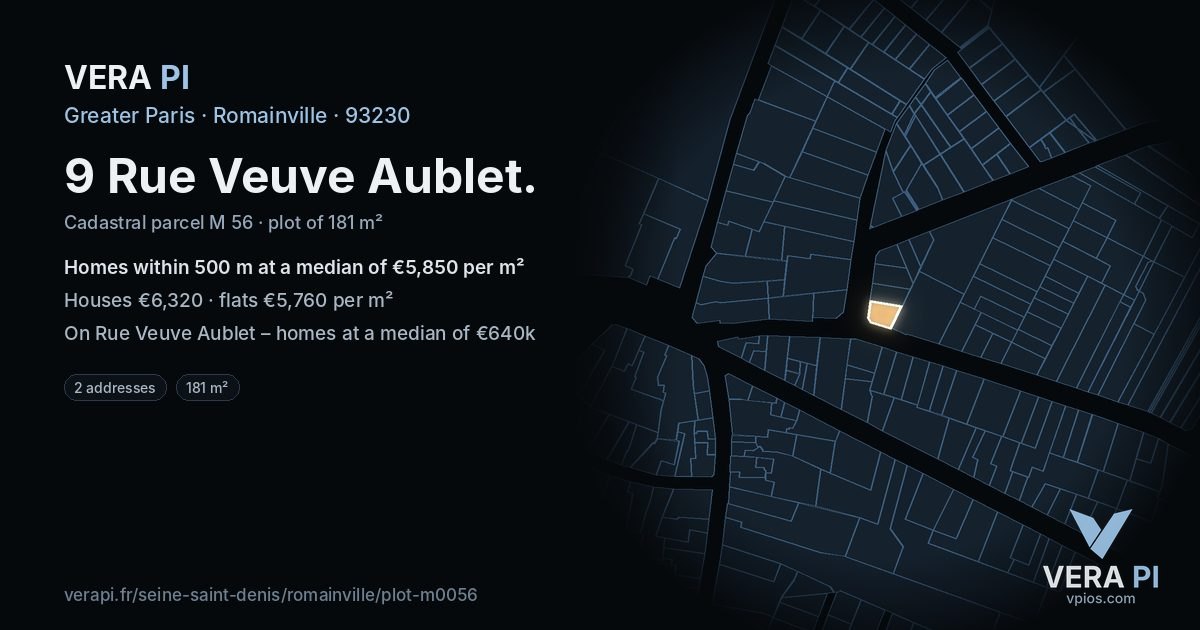 9 Rue Veuve Aublet, Romainville at night – the plot lit, the parcels around coloured by the prices near them