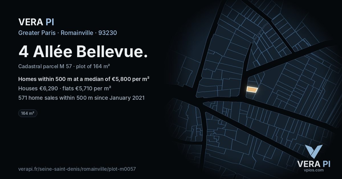 4 Allée Bellevue, Romainville at night – the plot lit, the parcels around coloured by the prices near them