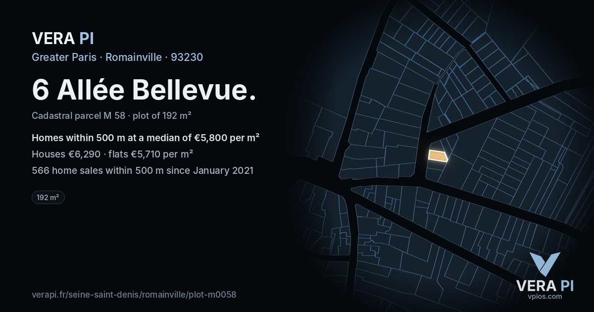 6 Allée Bellevue, Romainville at night – the plot lit, the parcels around coloured by the prices near them