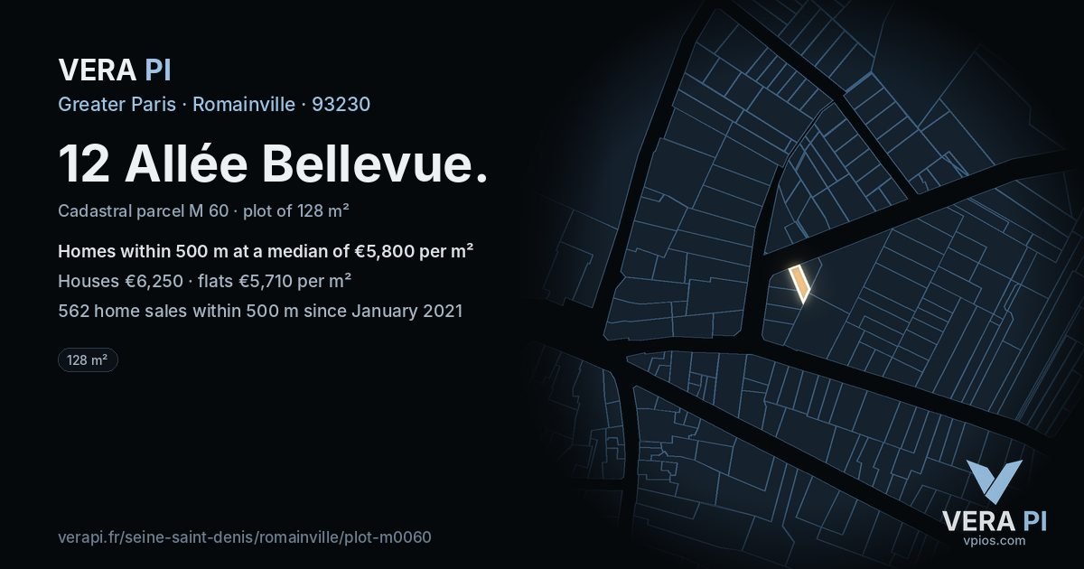 12 Allée Bellevue, Romainville at night – the plot lit, the parcels around coloured by the prices near them