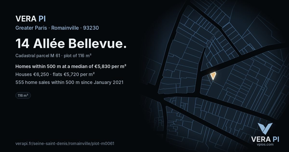 14 Allée Bellevue, Romainville at night – the plot lit, the parcels around coloured by the prices near them