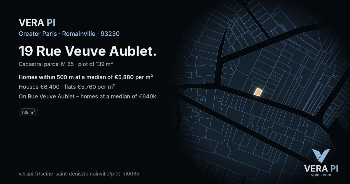 19 Rue Veuve Aublet, Romainville at night – the plot lit, the parcels around coloured by the prices near them