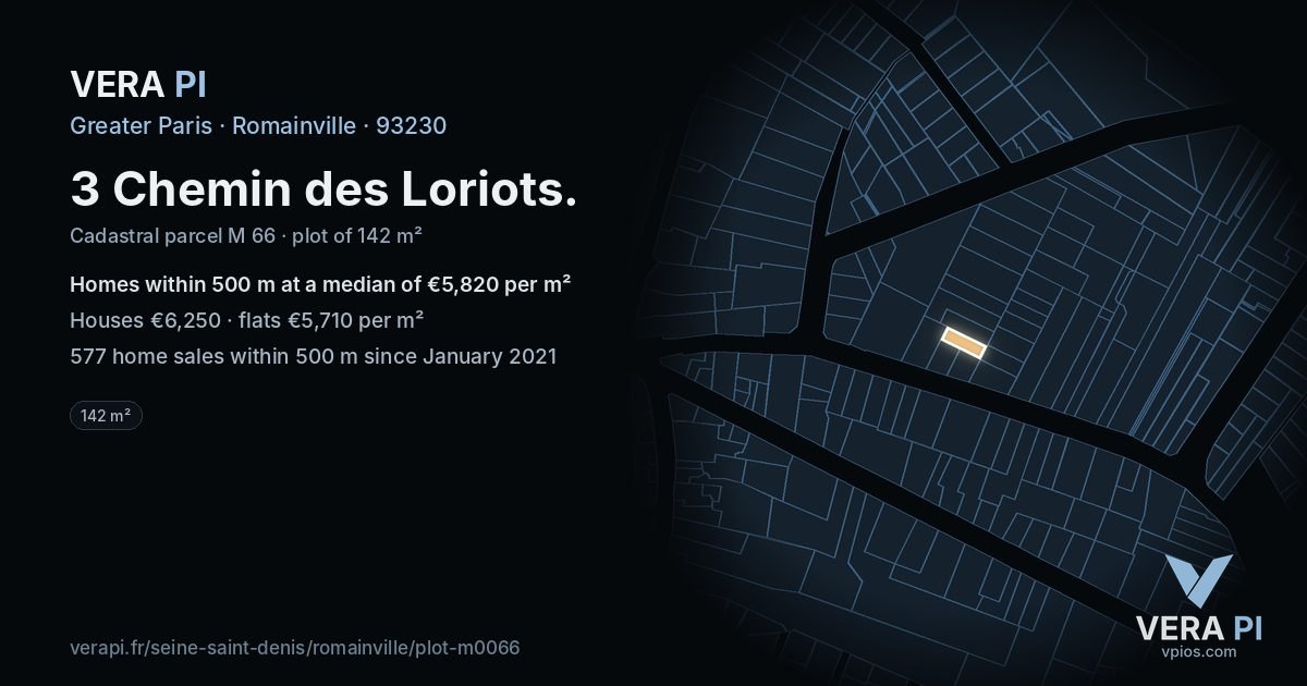 3 Chemin des Loriots, Romainville at night – the plot lit, the parcels around coloured by the prices near them