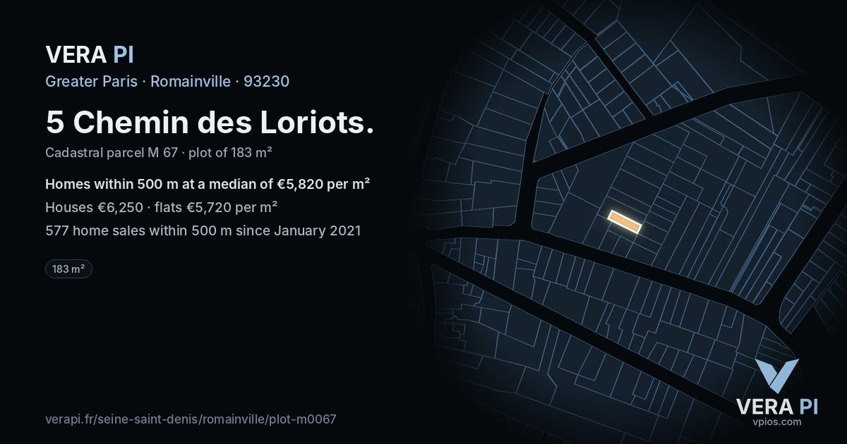 5 Chemin des Loriots, Romainville at night – the plot lit, the parcels around coloured by the prices near them