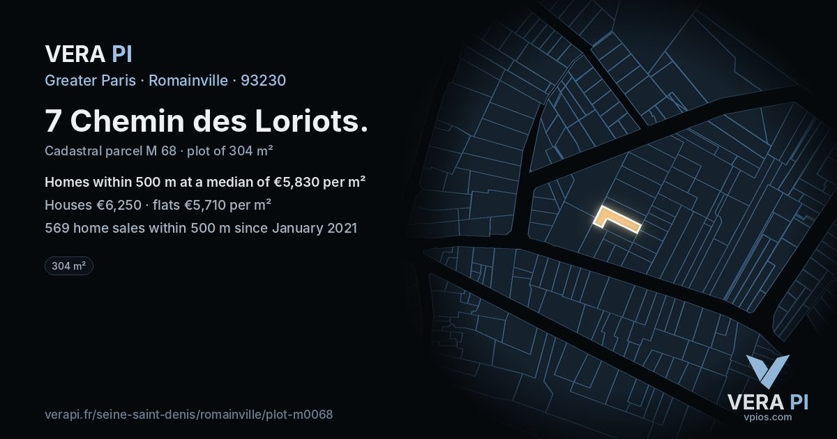 7 Chemin des Loriots, Romainville at night – the plot lit, the parcels around coloured by the prices near them
