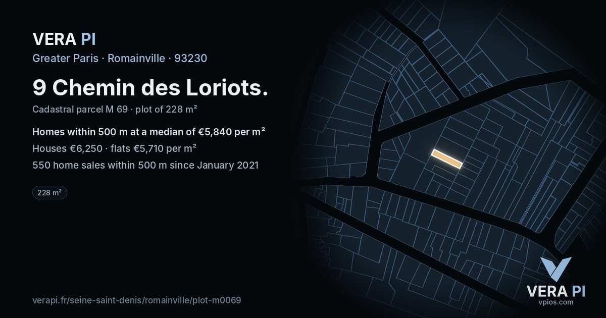 9 Chemin des Loriots, Romainville at night – the plot lit, the parcels around coloured by the prices near them