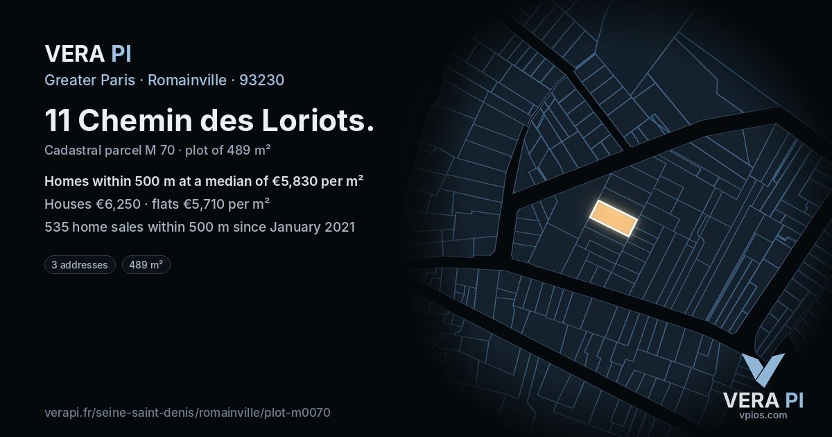 11 Chemin des Loriots, Romainville at night – the plot lit, the parcels around coloured by the prices near them