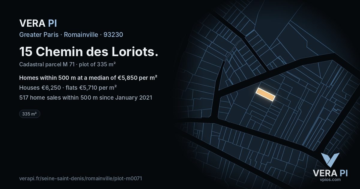 15 Chemin des Loriots, Romainville at night – the plot lit, the parcels around coloured by the prices near them