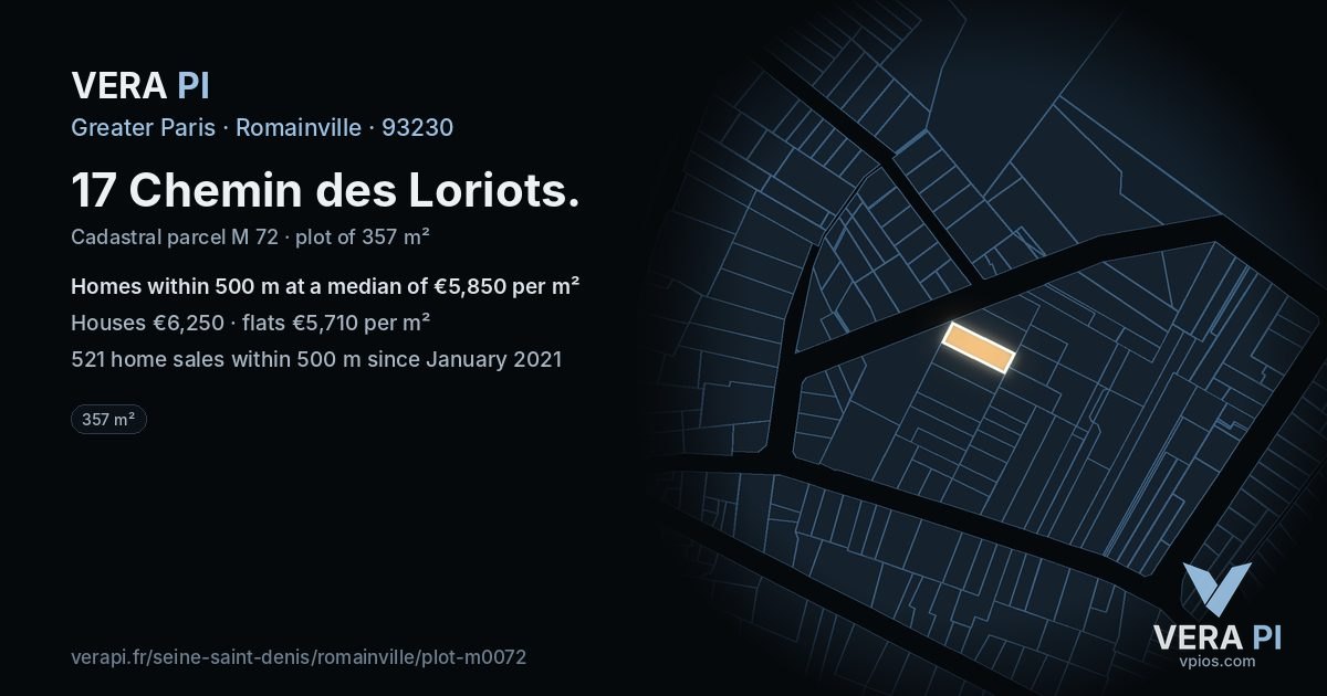 17 Chemin des Loriots, Romainville at night – the plot lit, the parcels around coloured by the prices near them