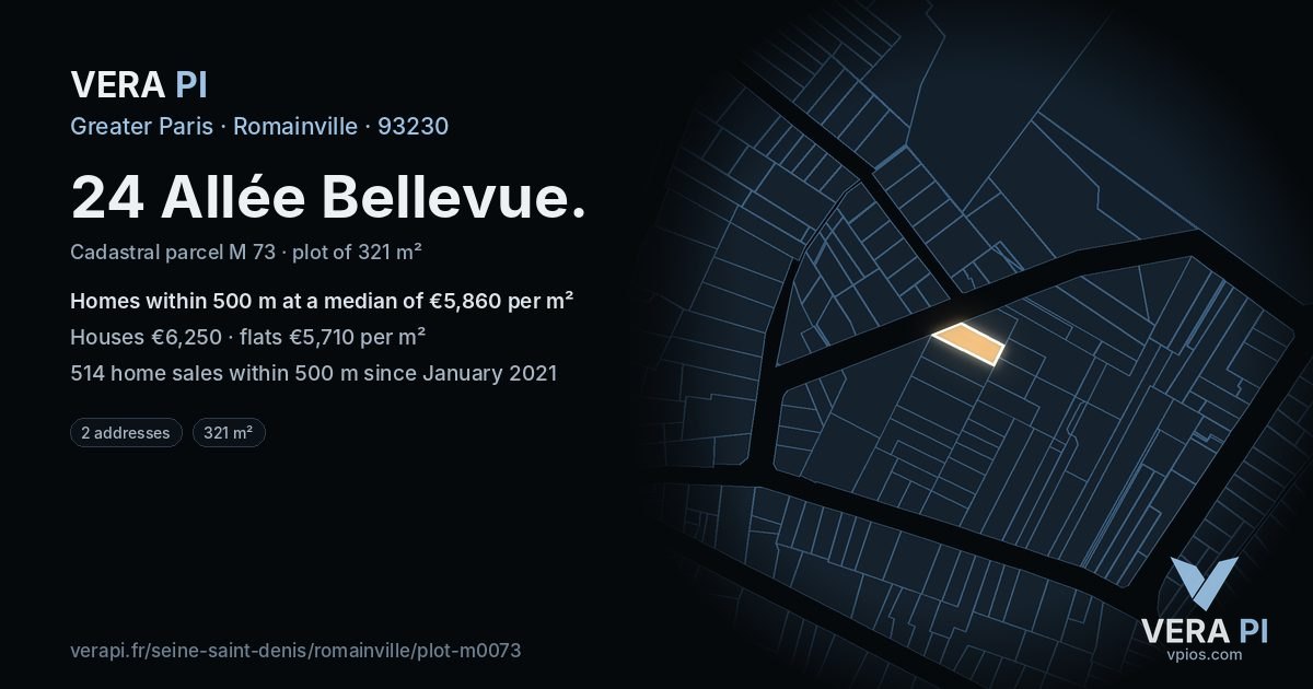 24 Allée Bellevue, Romainville at night – the plot lit, the parcels around coloured by the prices near them