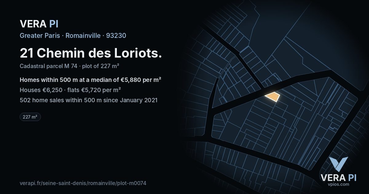 21 Chemin des Loriots, Romainville at night – the plot lit, the parcels around coloured by the prices near them