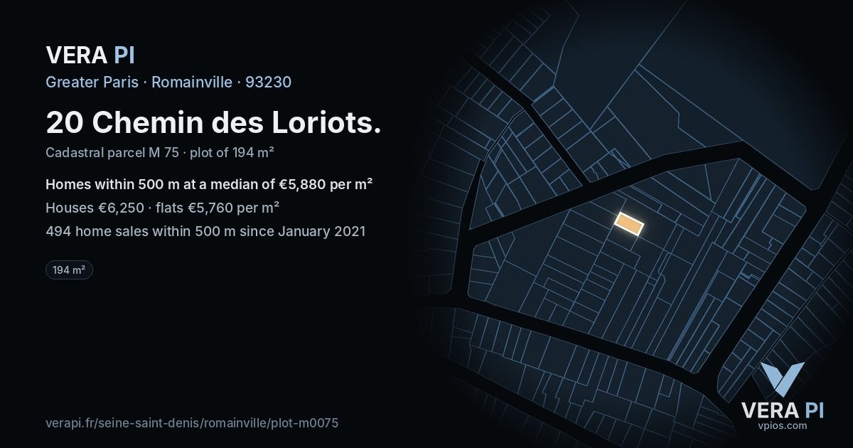 20 Chemin des Loriots, Romainville at night – the plot lit, the parcels around coloured by the prices near them