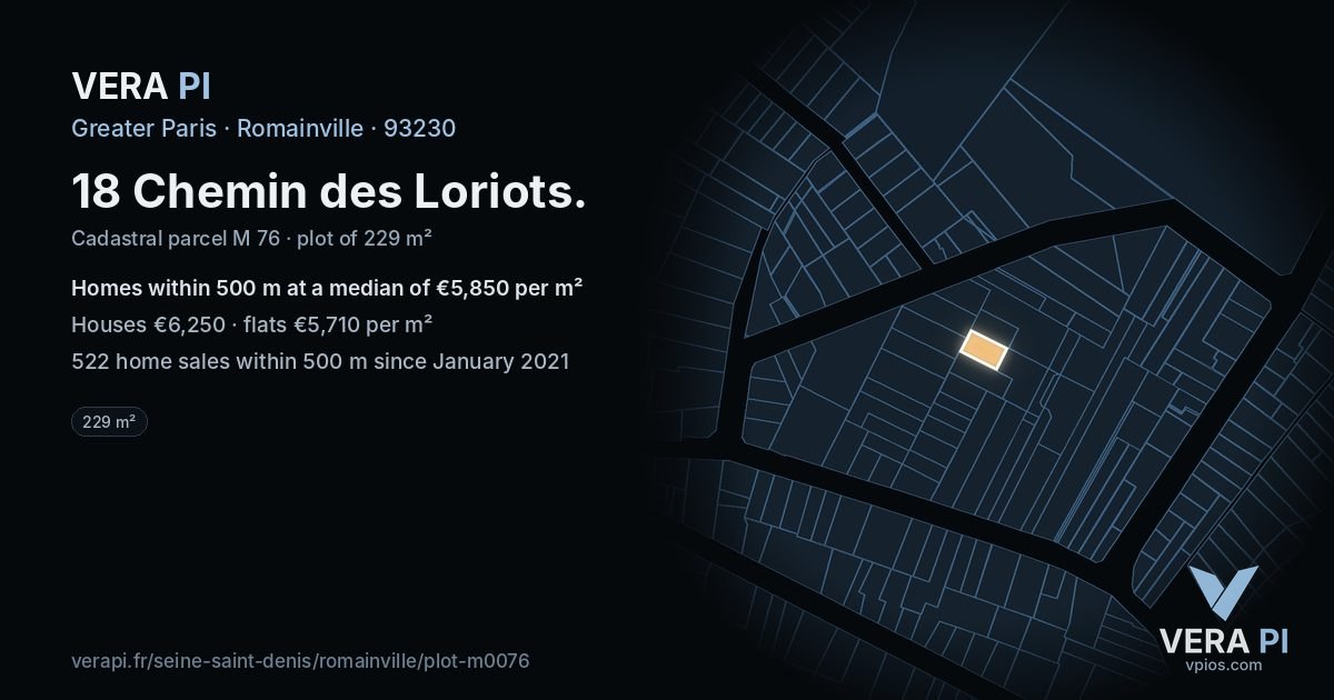 18 Chemin des Loriots, Romainville at night – the plot lit, the parcels around coloured by the prices near them