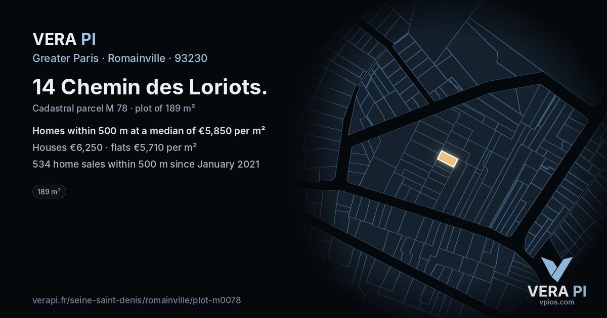 14 Chemin des Loriots, Romainville at night – the plot lit, the parcels around coloured by the prices near them