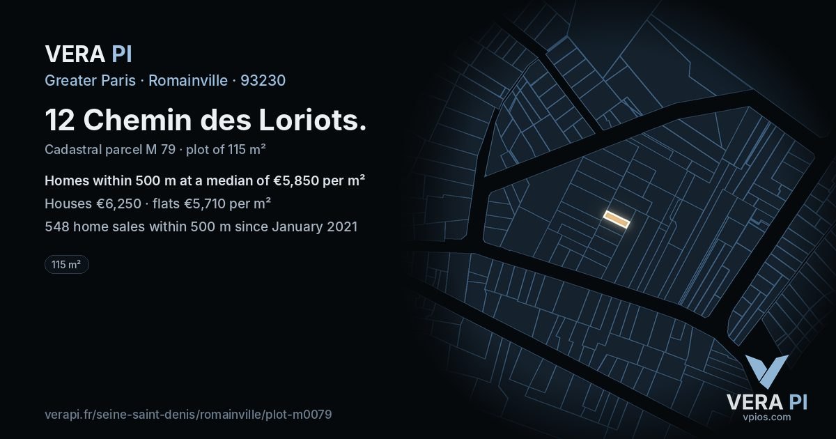 12 Chemin des Loriots, Romainville at night – the plot lit, the parcels around coloured by the prices near them