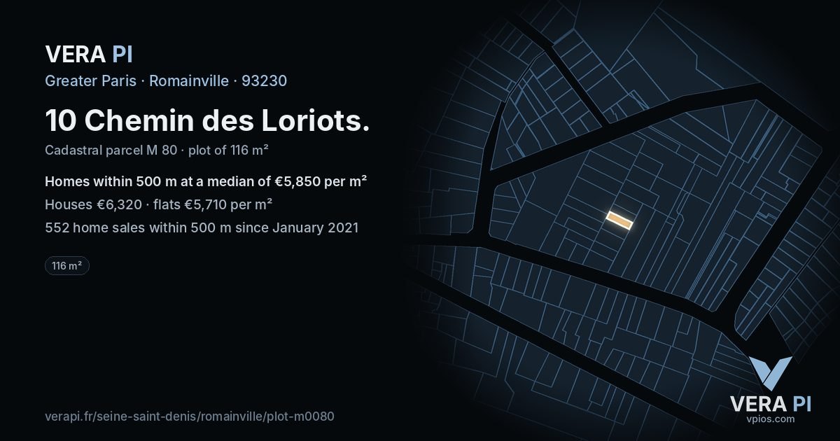 10 Chemin des Loriots, Romainville at night – the plot lit, the parcels around coloured by the prices near them