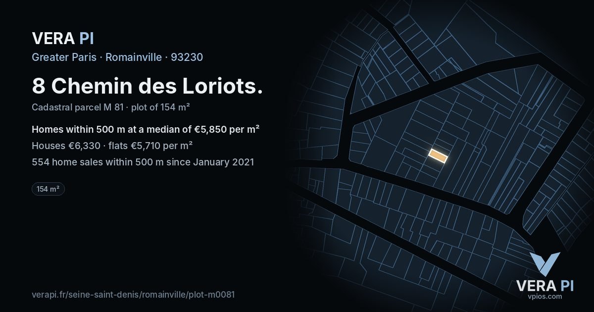 8 Chemin des Loriots, Romainville at night – the plot lit, the parcels around coloured by the prices near them