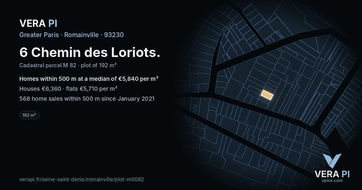 6 Chemin des Loriots, Romainville at night – the plot lit, the parcels around coloured by the prices near them