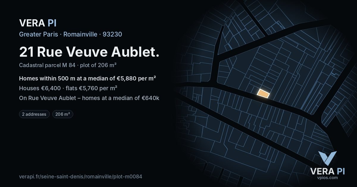 21 Rue Veuve Aublet, Romainville at night – the plot lit, the parcels around coloured by the prices near them