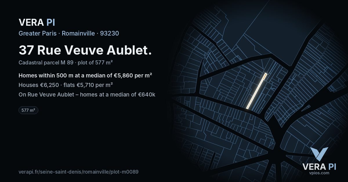 37 Rue Veuve Aublet, Romainville at night – the plot lit, the parcels around coloured by the prices near them