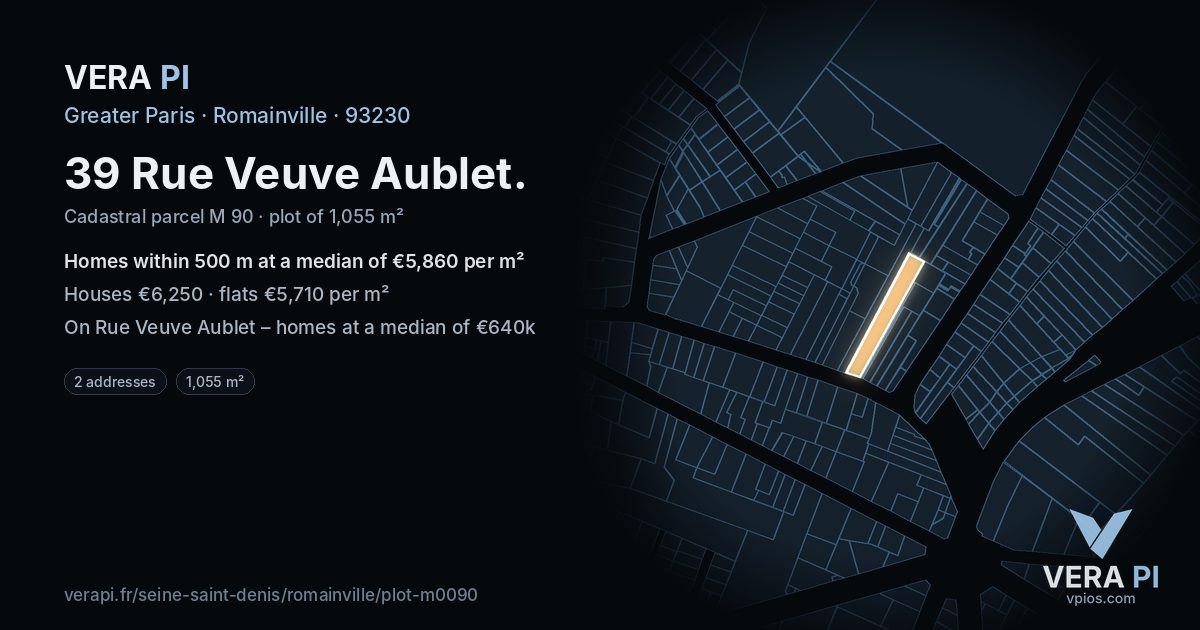 39 Rue Veuve Aublet, Romainville at night – the plot lit, the parcels around coloured by the prices near them