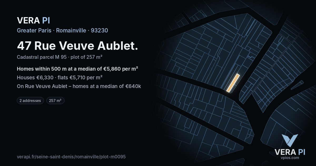 47 Rue Veuve Aublet, Romainville at night – the plot lit, the parcels around coloured by the prices near them