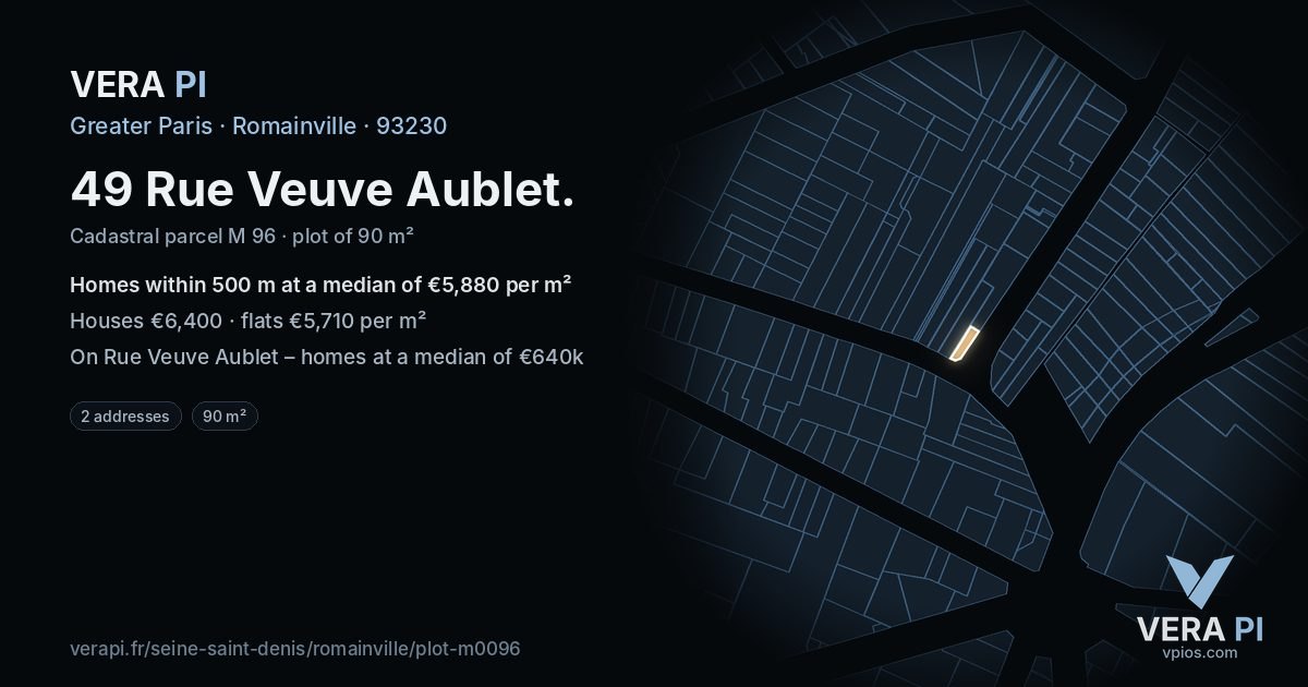 49 Rue Veuve Aublet, Romainville at night – the plot lit, the parcels around coloured by the prices near them