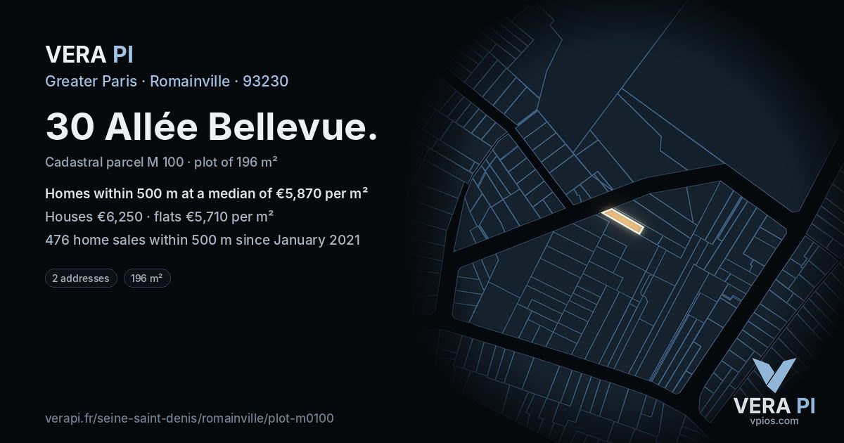 30 Allée Bellevue, Romainville at night – the plot lit, the parcels around coloured by the prices near them