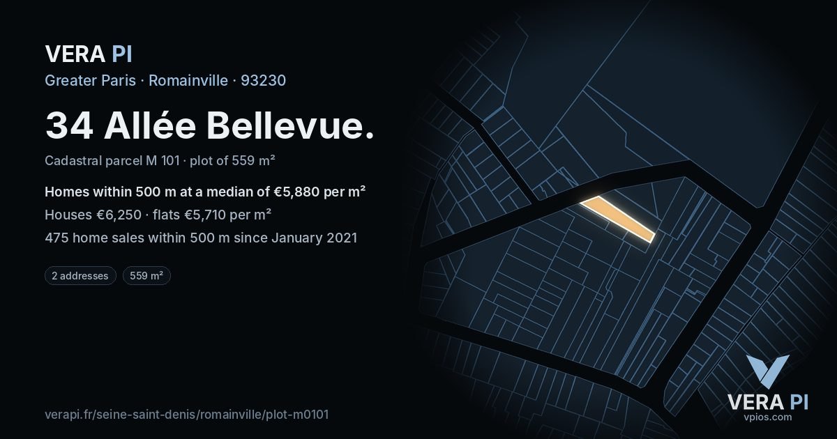 34 Allée Bellevue, Romainville at night – the plot lit, the parcels around coloured by the prices near them