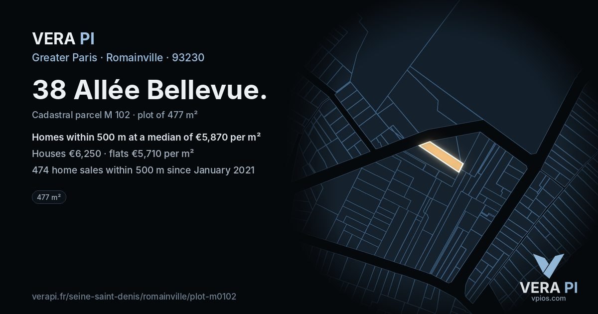 38 Allée Bellevue, Romainville at night – the plot lit, the parcels around coloured by the prices near them