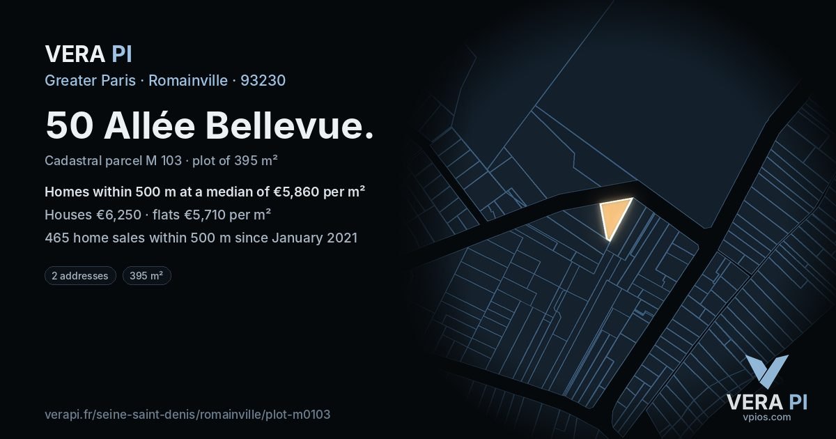 50 Allée Bellevue, Romainville at night – the plot lit, the parcels around coloured by the prices near them